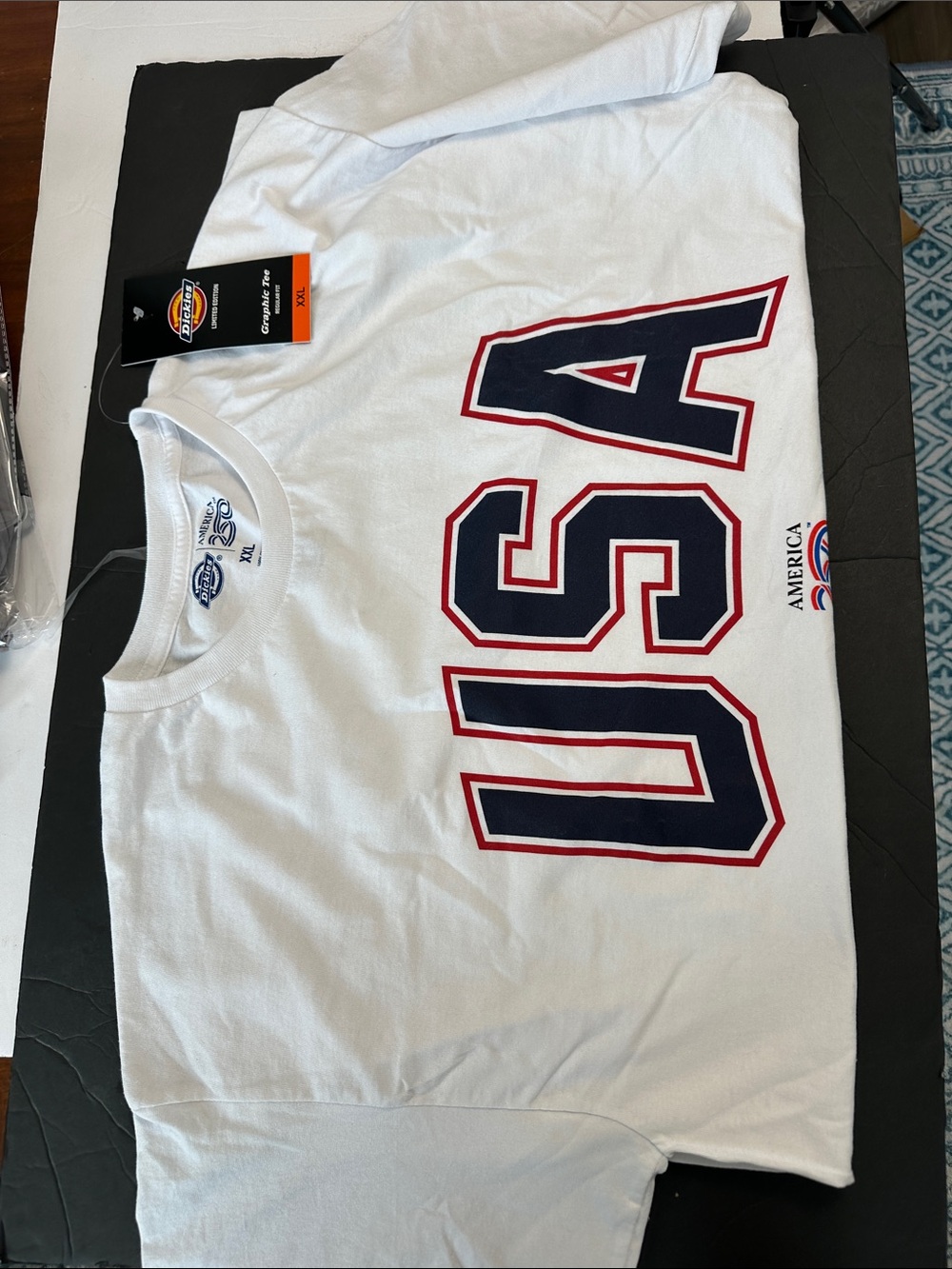 Dickies adult  White Short Sleeve Tee with Navy & Red USA Graphic